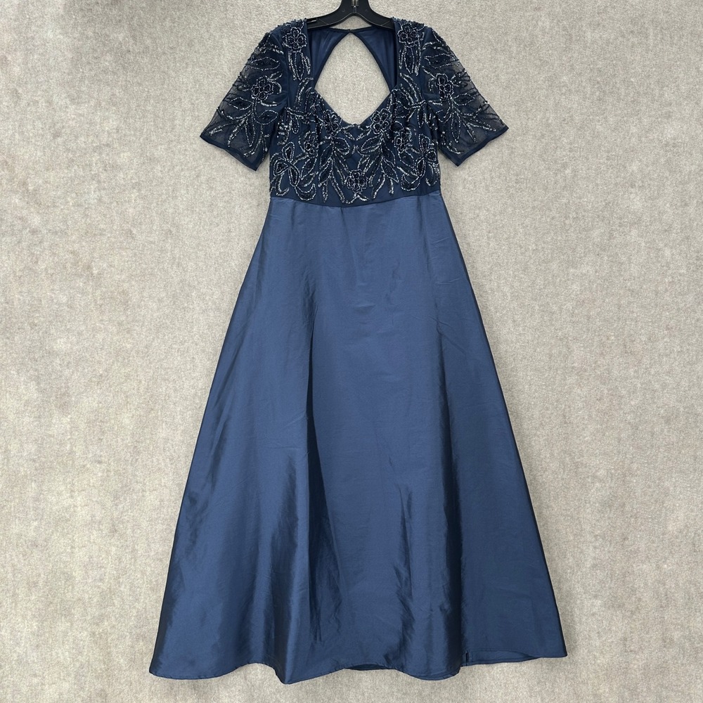 Adrianna Papell Gown Womens 12 Navy Blue Beaded Sequined Open Back Formal Dress